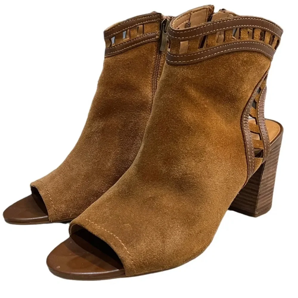 Franco Sarto 9.5 Greenwich Cognac Heeled Ankle Boots Booties Open Back Peep Toe - Picture 2 of 12